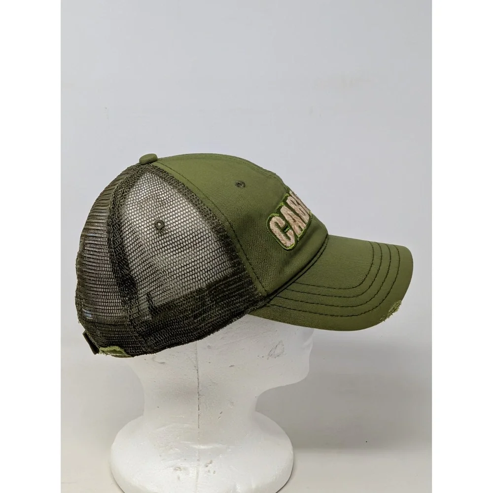 Cabelas Trucker Hat Mens Olive Green Mesh Back Distressed Logo Adjustable Cap